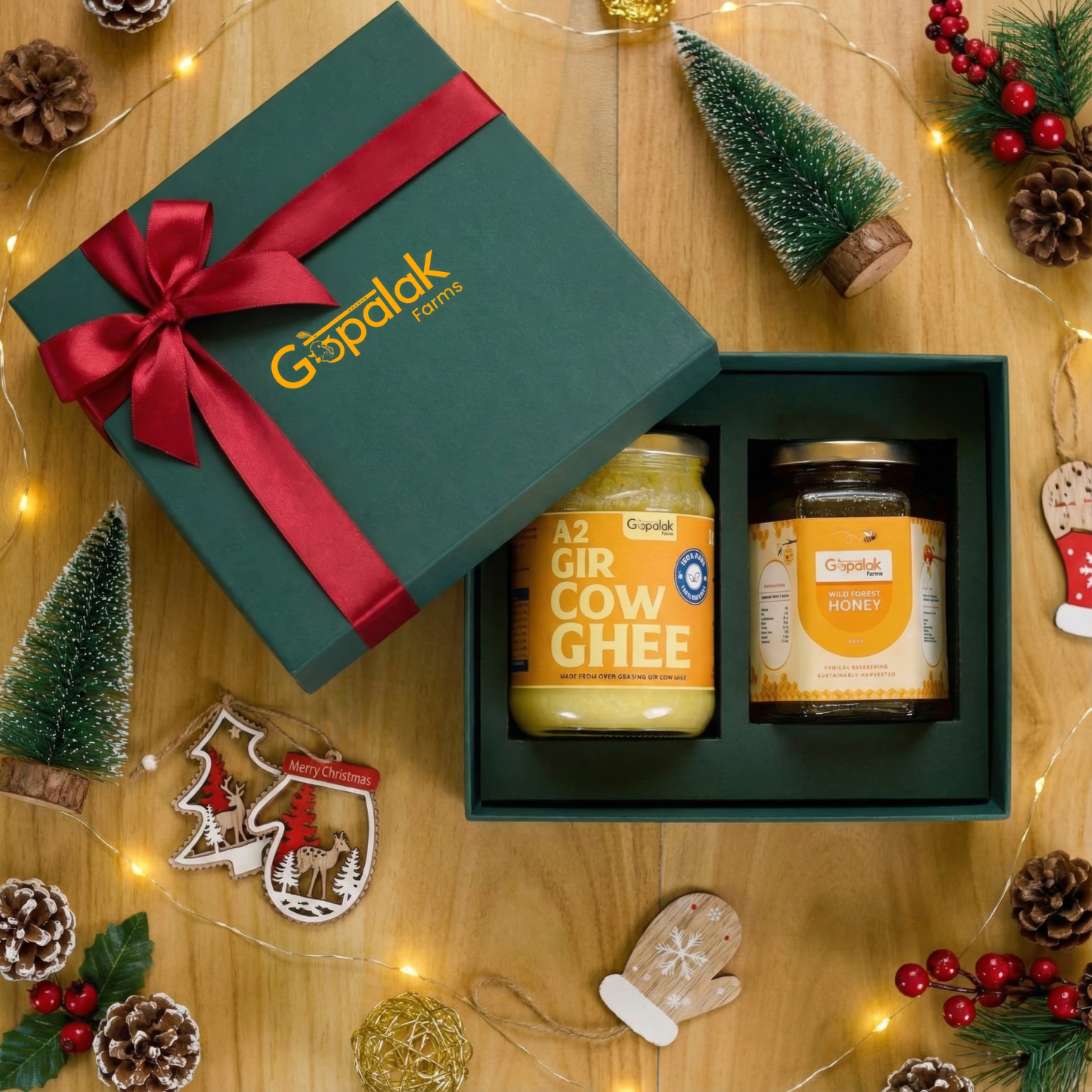 Christmas Gift Hamper – A2 Gir Cow Ghee 500g & Wild Forest Honey 500g