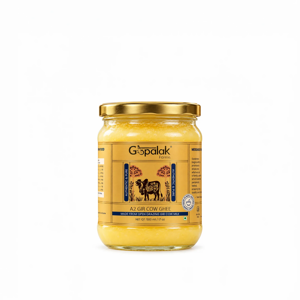 Gopalak Farms Pure A2 Gir Cow Ghee in a glass jar, front