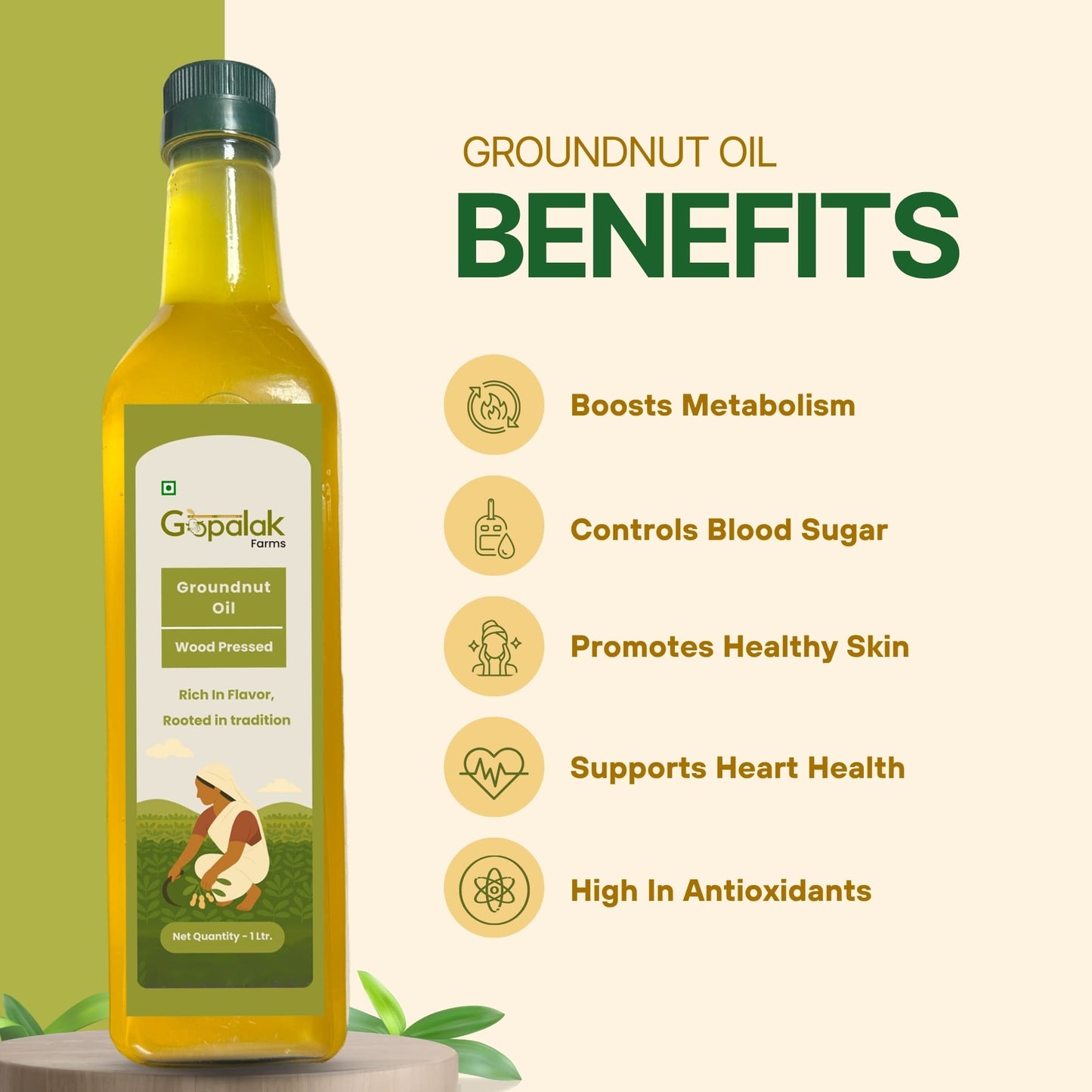 Gopalak Farms Wood Pressed Groundnut Oil | Unrefined | Kacchi Ghani | Cholesterol Free | Rich Aroma