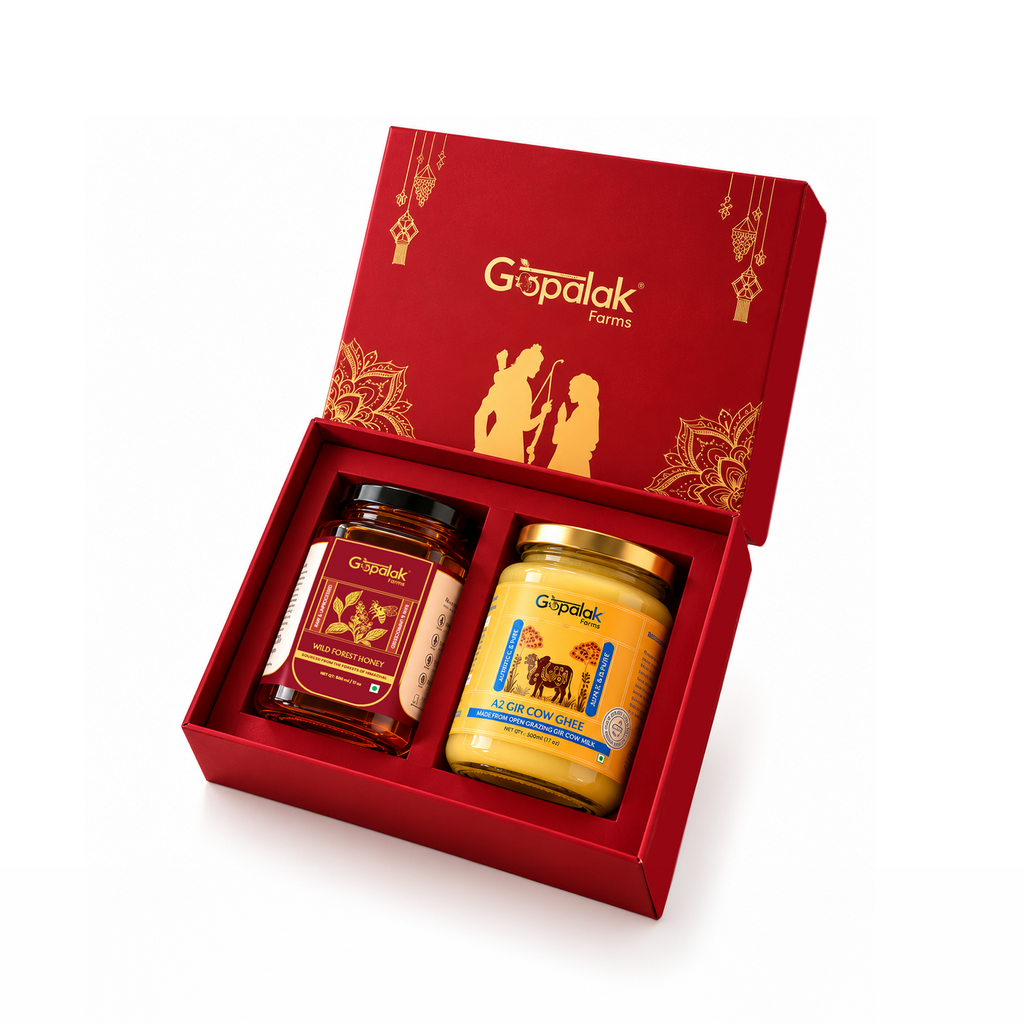 Gopalak Farms Classic Hamper with A2 Gir cow ghee and wild forest honey in a red gift box
