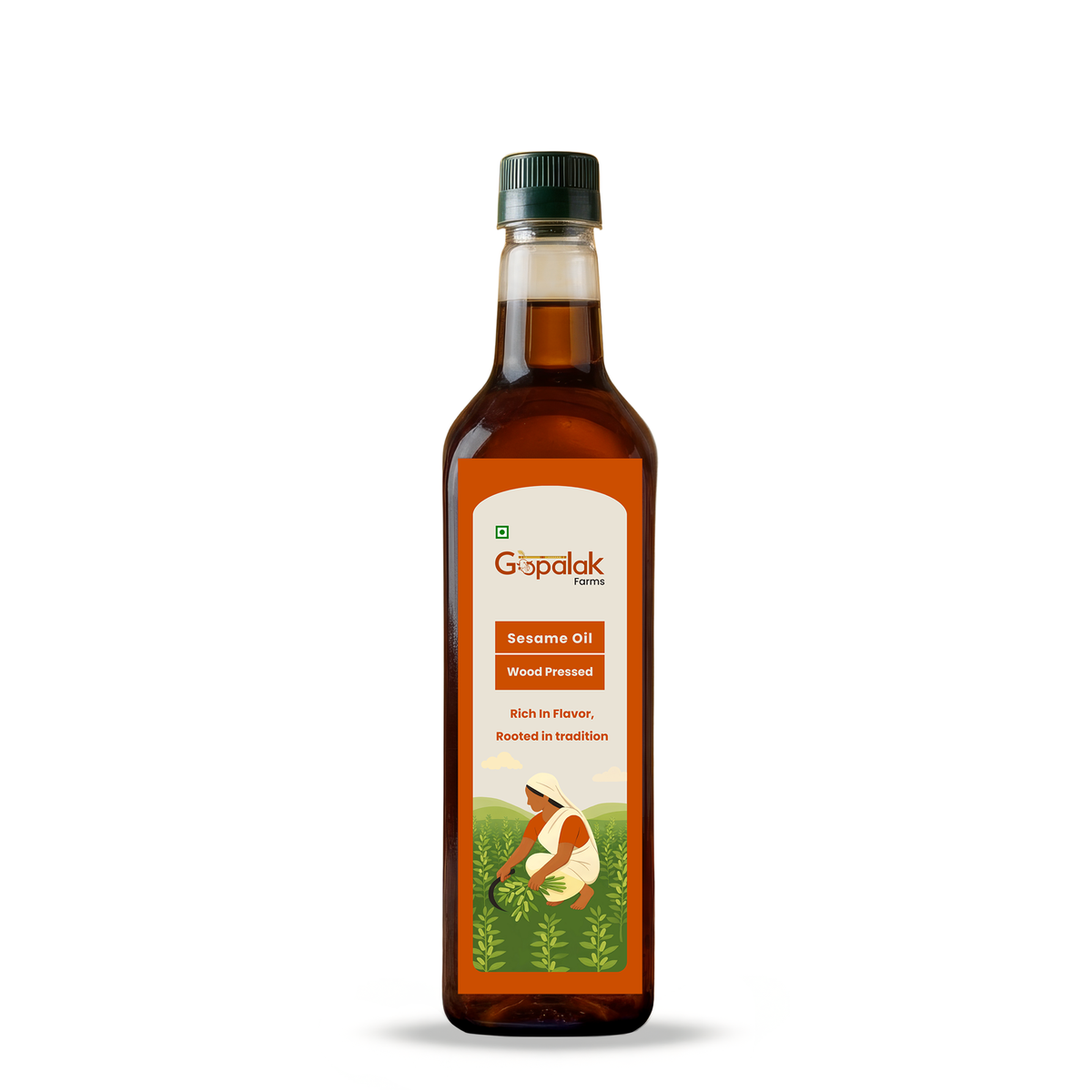 Gopalak Farms black sesame oil bottle on a white background