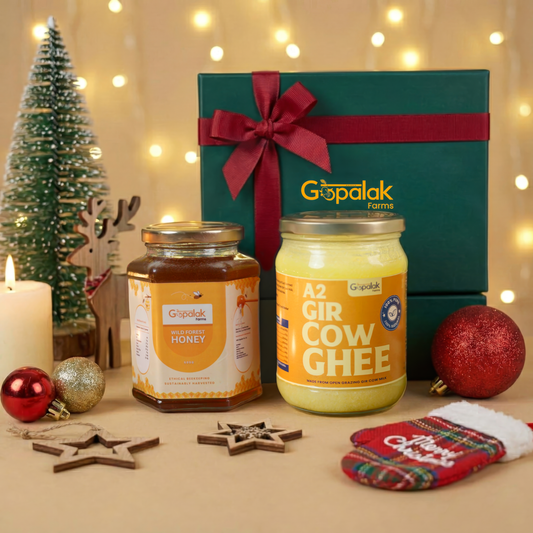 Christmas Gift Hamper – A2 Gir Cow Ghee 500g & Wild Forest Honey 500g