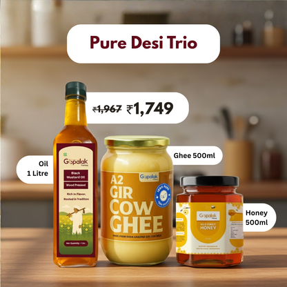 A2 Gir Cow Ghee 500ML x 1pc + Black Mustard Oil 1LTR x 1pc + Wild Forest Honey 500GM x 1pc