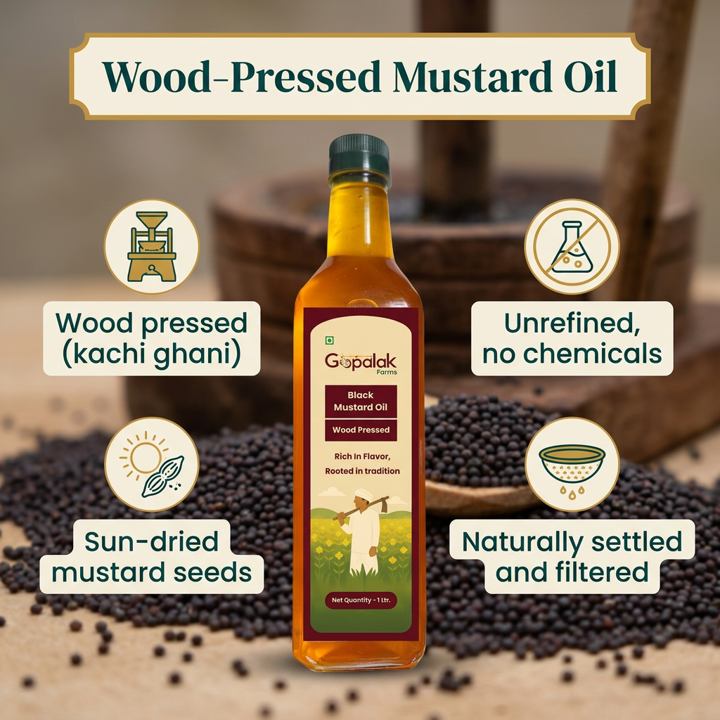 Wood pressed black mustard oil: kachi ghani, unrefined, sun-dried seeds