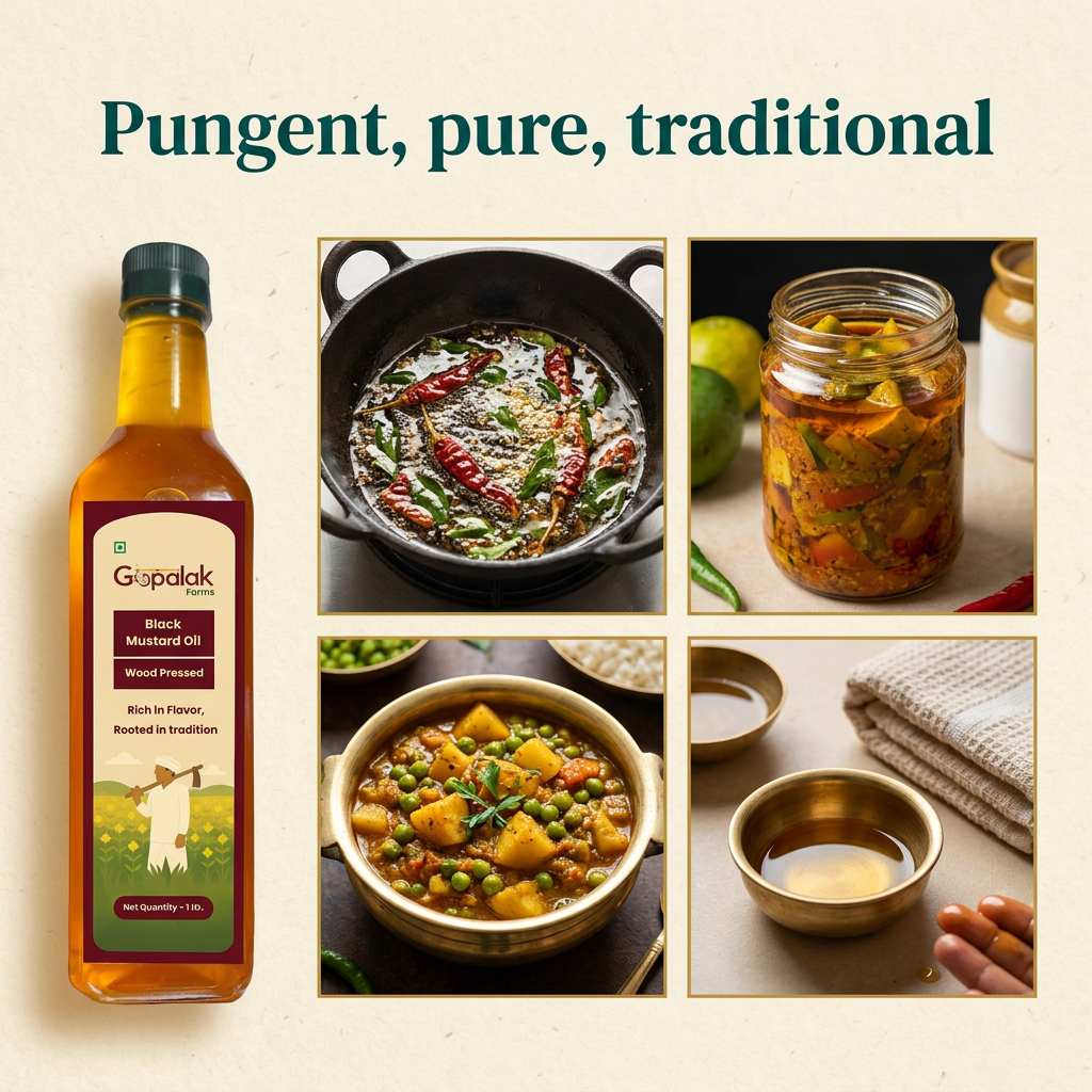 Uses of black mustard oil: tadka, pickle, curry and massage