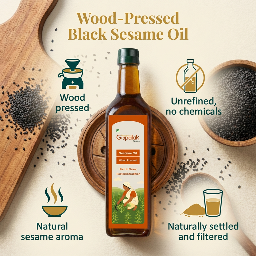 Wood pressed black sesame oil: unrefined, natural sesame aroma, naturally settled