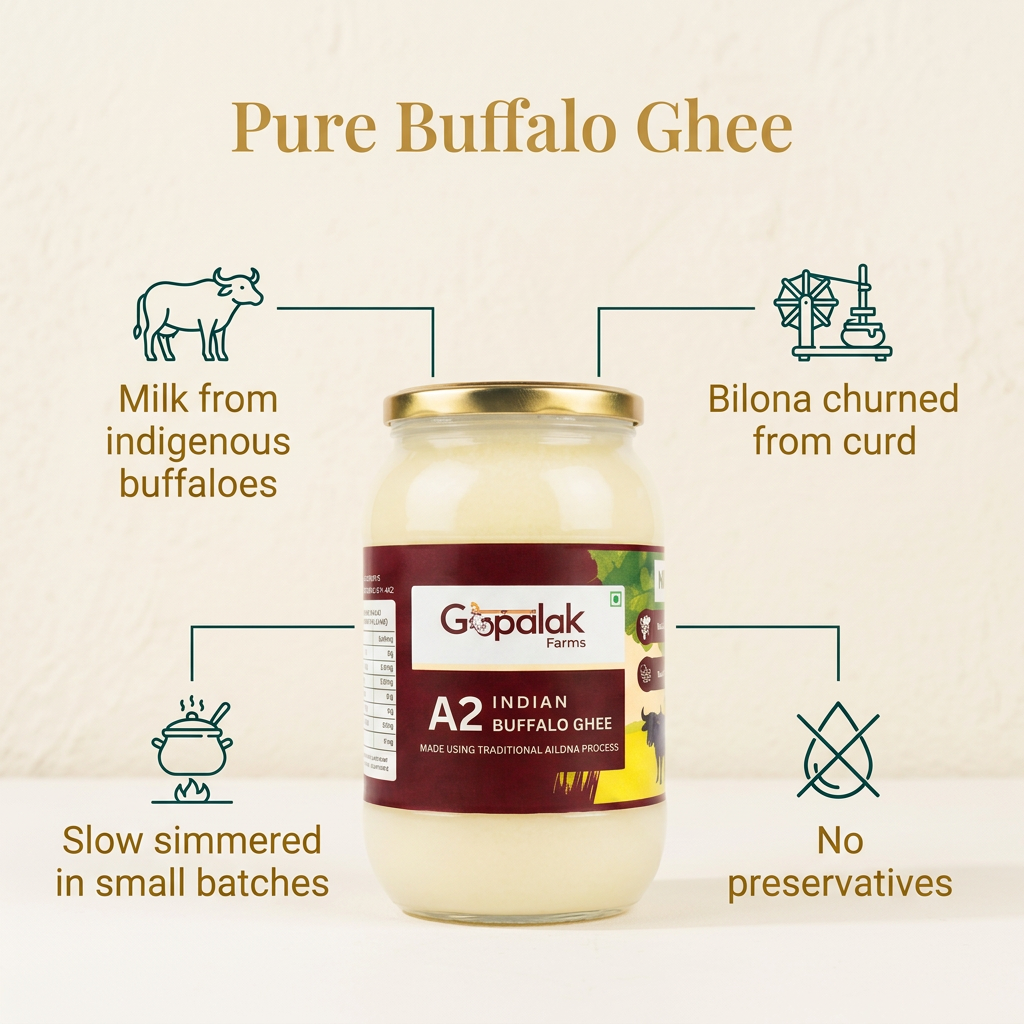 A2 buffalo ghee: milk from indigenous buffaloes, bilona churned from curd, slow simmered, no preservatives