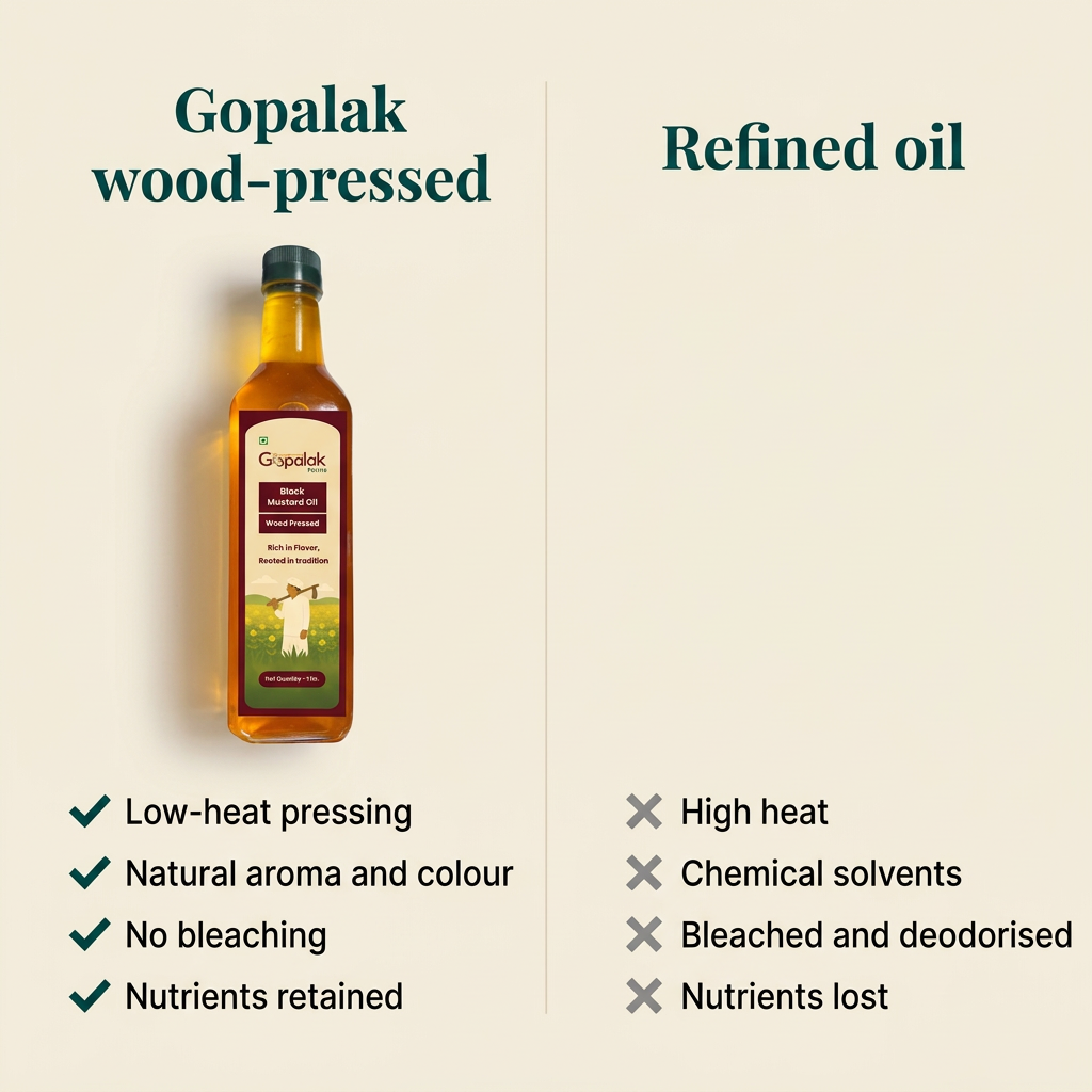 Wood pressed black mustard oil compared with refined oil