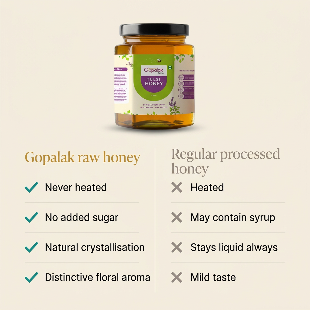 Gopalak raw tulsi honey compared with regular processed honey