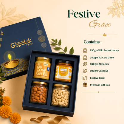 Festive Grace Hamper with A2 ghee, wild forest honey, almonds and cashews in a blue Gopalak Farms gift box