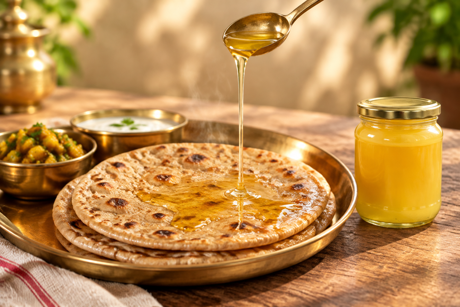 Melted A2 bilona ghee poured over hot rotis on a brass thali