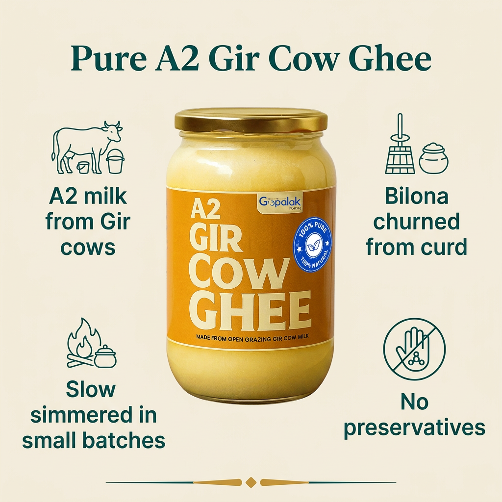 Pure A2 Gir cow ghee: A2 milk from Gir cows, bilona churned from curd, slow simmered, no preservatives