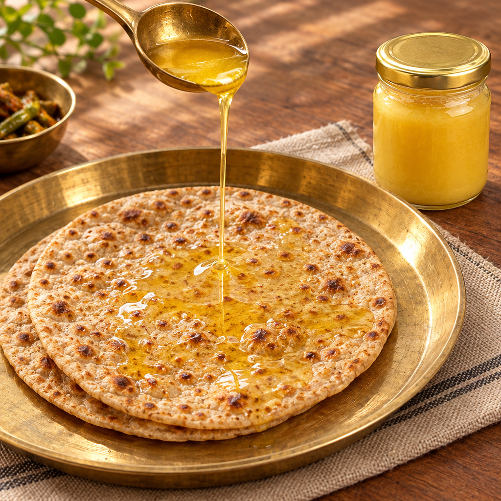 A spoon of golden A2 Gir cow ghee drizzled on a fresh roti