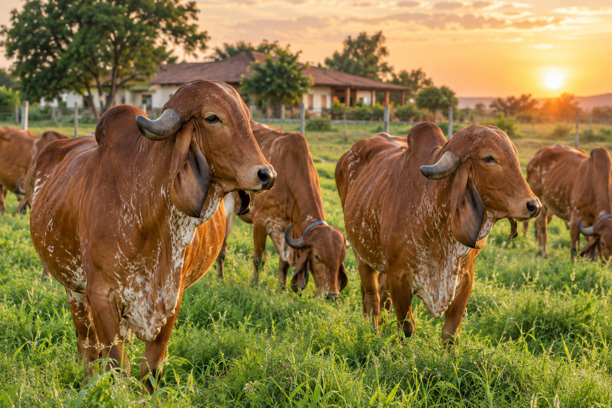 Indigenous Gir cows grazing at sunset on the Gopalak Farms farm