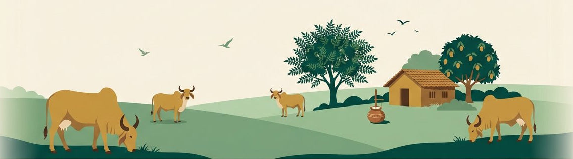 Illustration of Gir cows grazing on the Gopalak farm with a farmhouse, trees and a bilona pot