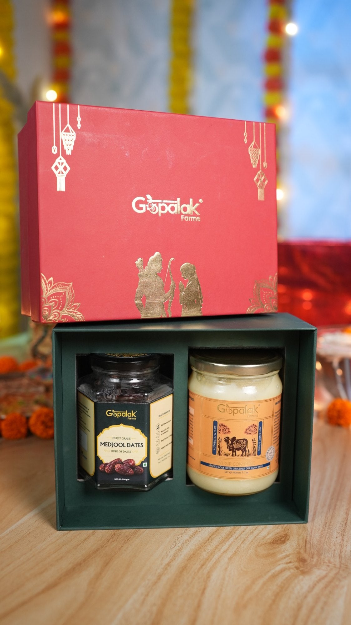 Madhur Milan Hamper open box with festive decor
