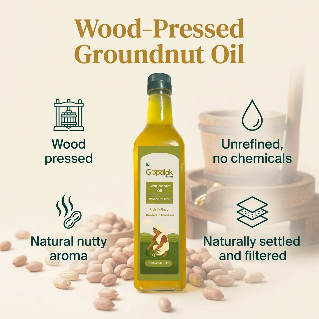 Wood pressed groundnut oil: unrefined, natural nutty aroma, naturally settled
