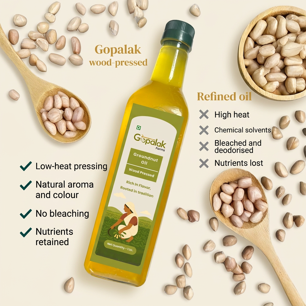 Wood pressed groundnut oil compared with refined oil