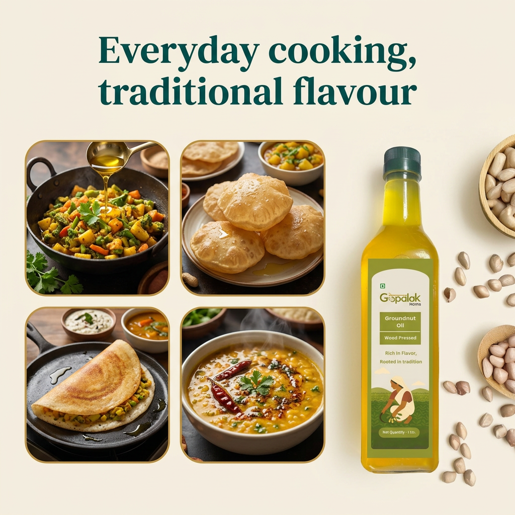 Everyday cooking with groundnut oil: sabzi, puri, dosa and dal