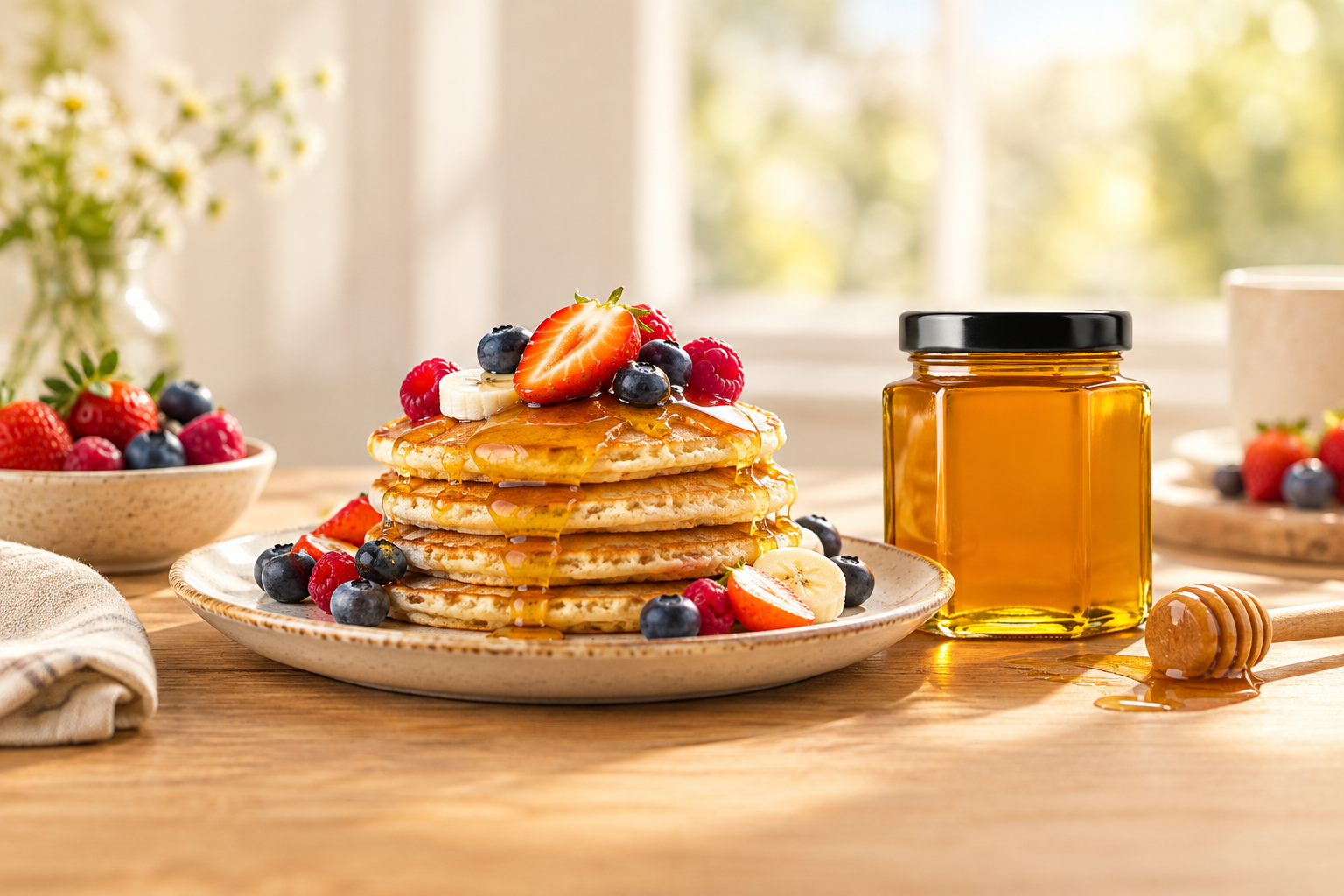 Honey pancakes aur fruit collection banner