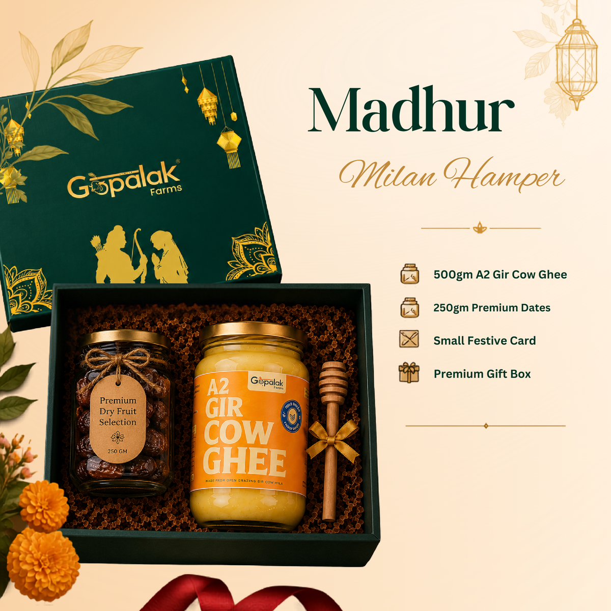 Madhur Milan Hamper with A2 Gir cow ghee and premium dates in a green Gopalak Farms gift box