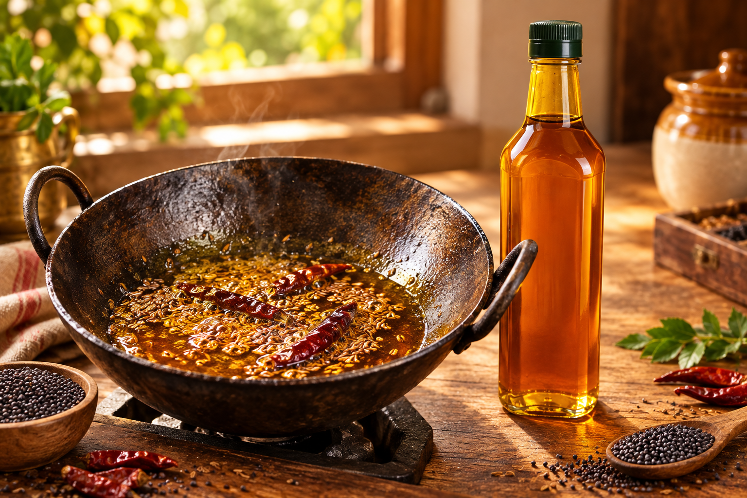 Wood-pressed mustard oil tadka with cumin and red chillies in an iron kadhai