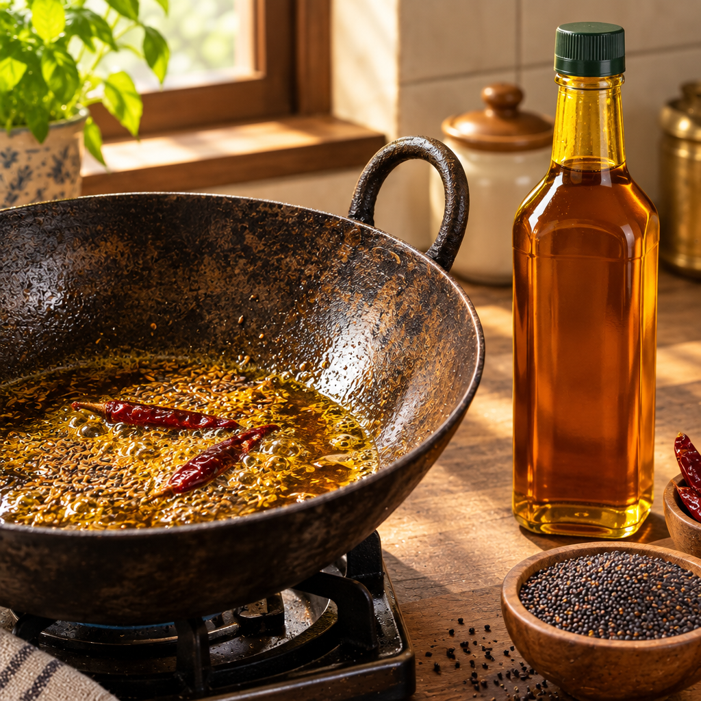 Amber kachi ghani mustard oil bottle next to a sizzling tadka