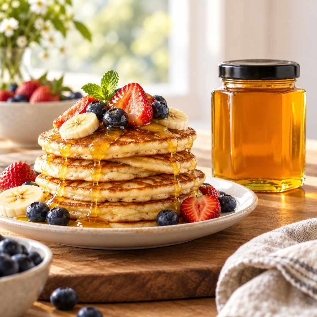 Pancakes aur fresh fruit par forest honey