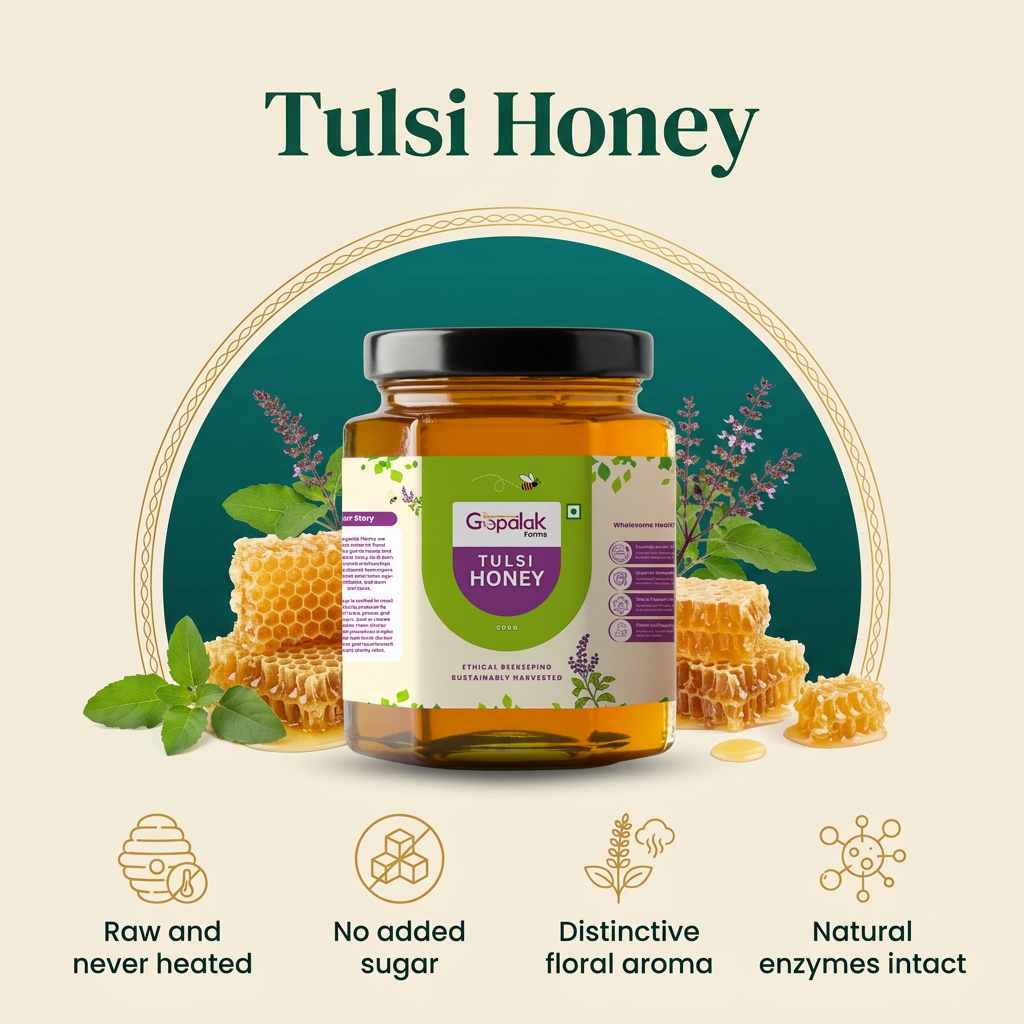 Raw tulsi honey: never heated, no added sugar, floral aroma, enzymes intact