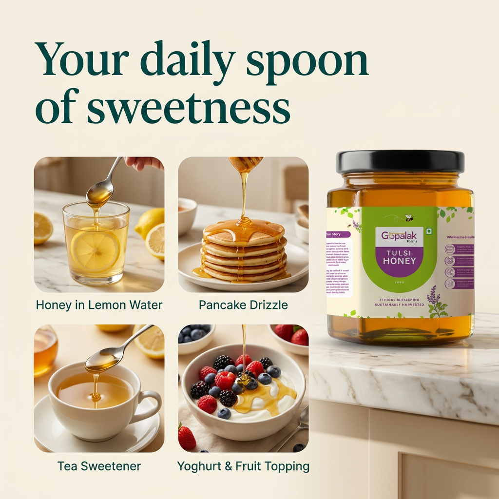 Ways to enjoy tulsi honey: lemon water, pancakes, tea and yoghurt