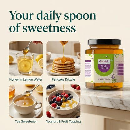 Ways to enjoy tulsi honey: lemon water, pancakes, tea and yoghurt