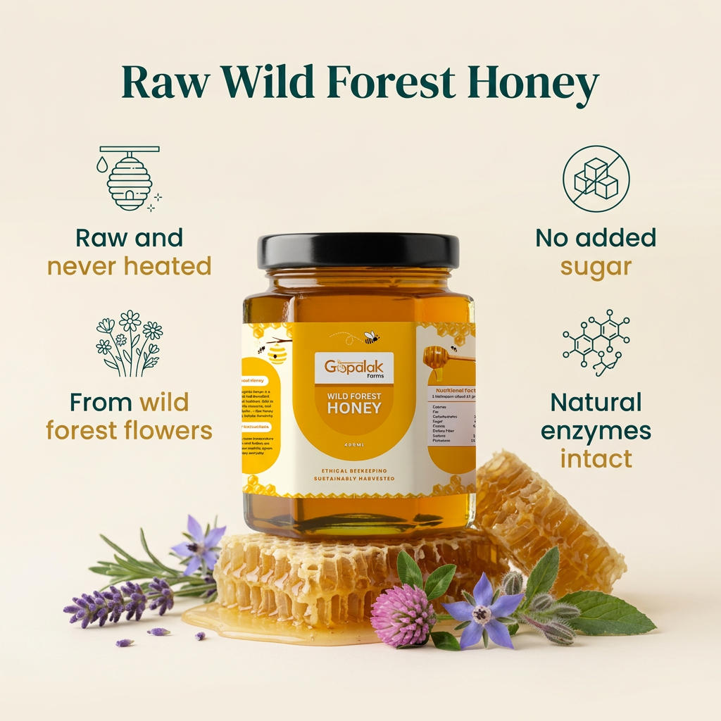 Raw wild forest honey: never heated, no added sugar, natural enzymes intact