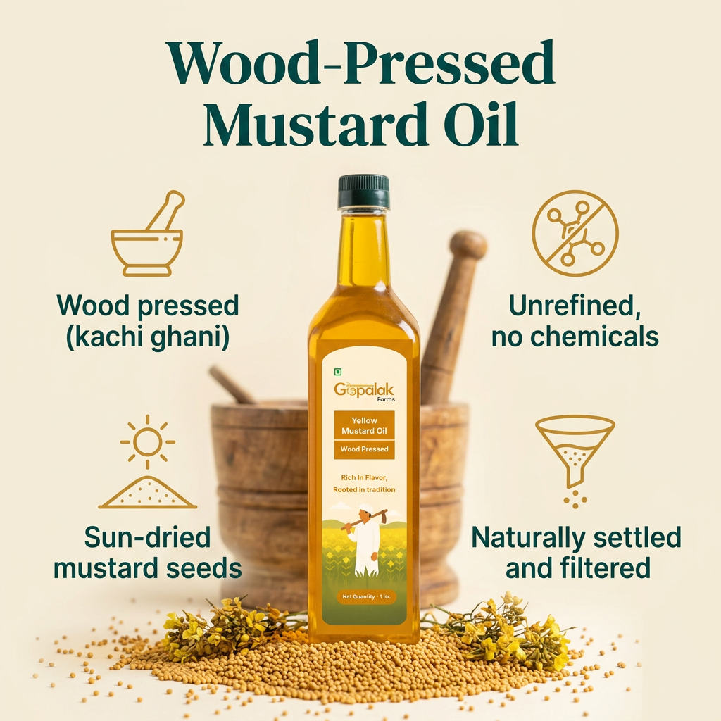 Wood pressed yellow mustard oil: kachi ghani, unrefined, sun-dried seeds