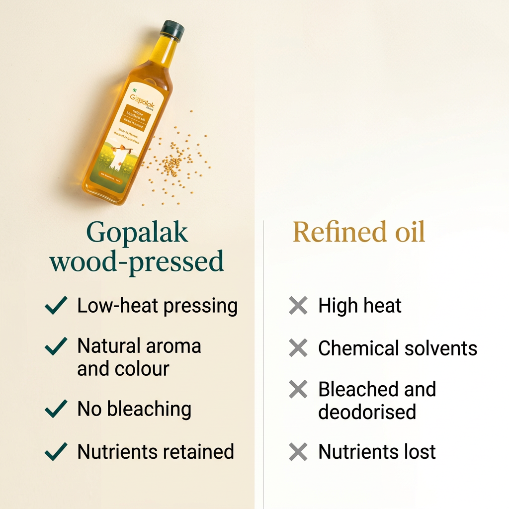 Wood pressed mustard oil compared with refined oil