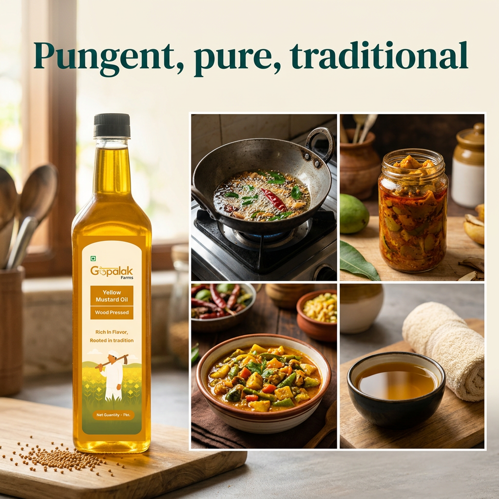 Uses of yellow mustard oil: tadka, pickle, curry and massage